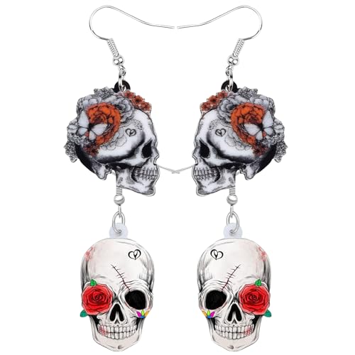 THXFUNAREA 2 Paar Niedlich halloween zucker schädel ohrringe Acryl Halloween Blume Totenkopf Ohrringe Punk Style Flat Skull Schmuck für Frauen Teens Mädchen Urlaub Party Geschenke von THXFUNAREA