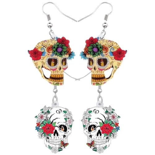 THXFUNAREA 2 Paar Niedlich halloween zucker schädel ohrringe sugar skull Ohrringe Halloween Geschenke Acryl Zucker schädel mit Blumen Ohrringe Dangle Drop Schmuck für Frauen Mädchen Party Charms von THXFUNAREA