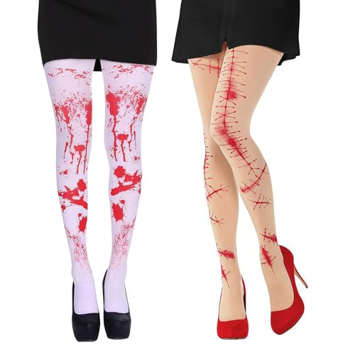 THXFUNAREA 2 Paar halloween blutige socken Halloween Strümpfe Blutige Strumpfhosen Blutige Strumpfhose Halloween Damen Horror Leggings Blutverschmierte Strümpfe Overknee Strümpfe mit Blutspritzern von THXFUNAREA