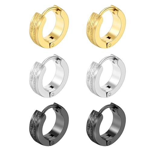 THXFUNAREA 3 Paare Edelstahl Creolen Ohrringe für Herren Damen, Ohrringe Herren, Ohrringe Männer Creolen, Ohrringe Damen Creolen, Ohrringe Creolen Herren Damen Klein,3 Farben von THXFUNAREA