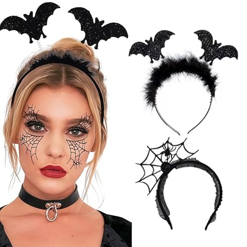 THXFUNAREA 2 Stück Halloween Haarreif,Teufelshörner Haarreif,Fledermaus Haarreif,Hexenhut Haarreif Damen Schwarz Kopfschmuck für Halloween Karneval Fasching von THXFUNAREA