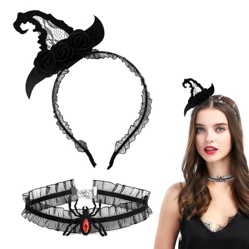 THXFUNAREA 2Pcs Halloween Haarreifen mit Kette,Gothic Haarreif Halloween Kopfschmuck Schwarz Halloween Kostüm Accessoires Damen Haarband Halloween Karneval Fasching Motto Party von THXFUNAREA