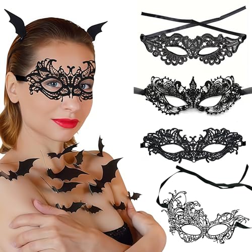 THXFUNAREA 4 Stück Maskenball Augenmaske Fasching Spitzenmaske Spitze Venezianische Maske Elegante Maske Damen für Männer Halloween Karneval Party Kostümzubehör,Verstellbare Spitzenmaskenball von THXFUNAREA