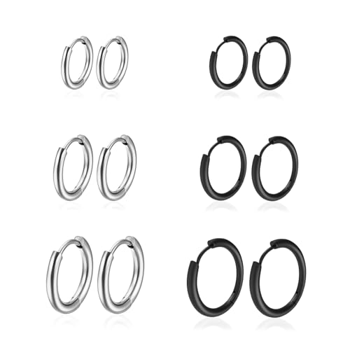 THXFUNAREA 6 Paar Ohrringe herren & Mädchen,Earrings Edelstahl-Ohrclips,Fake piercing kein Piercing notwendig,Ohrringe für herren,Schwarz und Silber(8/12/16mm) von THXFUNAREA