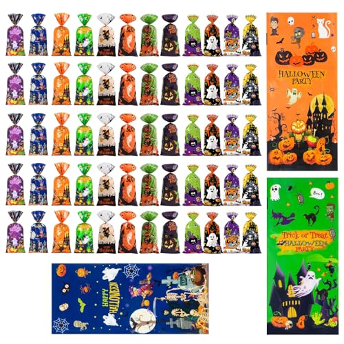 THXFUNAREA 60 Pieces Plastic Halloween süßigkeiten Beutel with 60 Pieces Ties, 12 Styles Pattern Halloween-Snack-verpackungsbox von THXFUNAREA