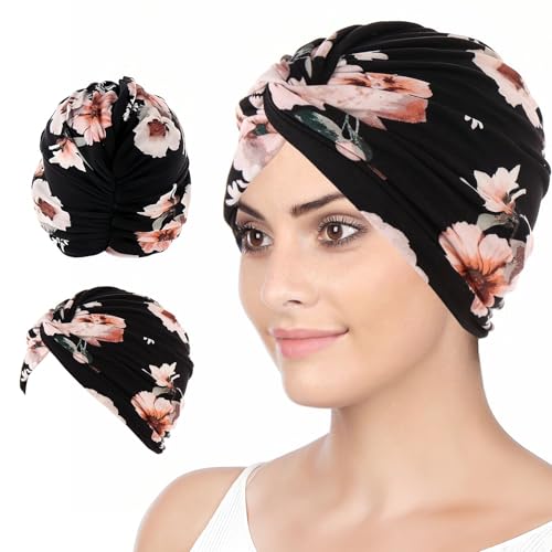 THXFUNAREA Frauen Chemo Hüte Turban Damen Chemotherapie Krebs Hut Vorgebunden Beanie Kopfbedeckung Plissee Mütze(schwarz) von THXFUNAREA