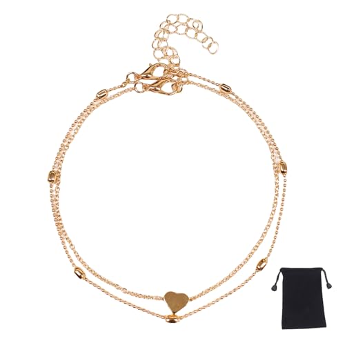 THXFUNAREA Fußkettchen Herz für Damen - Wasserfest I Mehrreihige Fußkette - Verstellbar I Filigraner Edelstahl Fußschmuck in Gold von THXFUNAREA