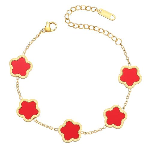 THXFUNAREA Vierblättriges Kleeblatt Armband,Glücksarmband Damen Armbänder Set Luxuriöses Glücksarmband Friendship Bracelet(Rot) von THXFUNAREA