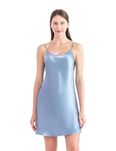 THXSILK Damen-Nachthemd aus Seide, 100 % echte 19 Momme Maulbeerseide, Nachtwäsche, Rundhalsausschnitt, Spaghettiträger, Chemise, Nachthemd, Foggy Blue, Large von THXSILK