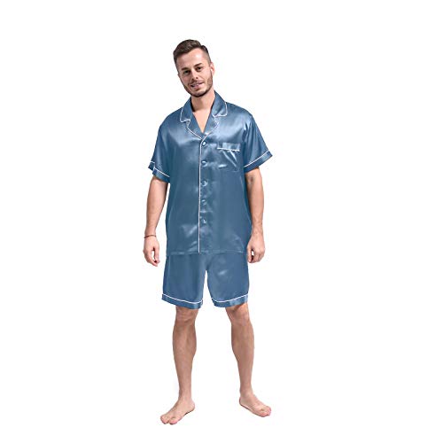THXSILK Herren Schlafanzug Kurz aus Seide 19 Momme Seidennachtwäsche Zweiteiliges Pyjama Set Knopf runter (Nebeliges Blau, L) von THXSILK
