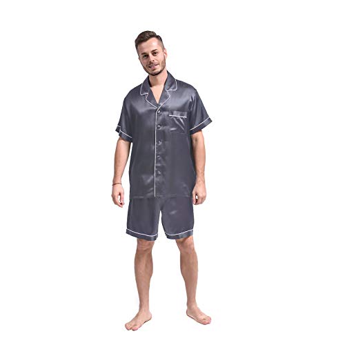 THXSILK Herren Schlafanzug Kurz aus Seide 19 Momme Seidennachtwäsche Zweiteiliges Pyjama Set Knopf runter (Rauchgrau, L) von THXSILK