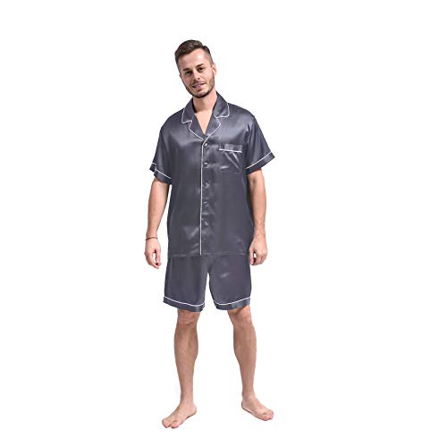 THXSILK Herren Schlafanzug Kurz aus Seide 19 Momme Seidennachtwäsche Zweiteiliges Pyjama Set Knopf runter (Rauchgrau, M) von THXSILK