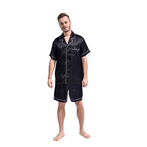 THXSILK Herren Schlafanzug Kurz aus Seide 19 Momme Seidennachtwäsche Zweiteiliges Pyjama Set Knopf runter (Schwarz, XL) von THXSILK