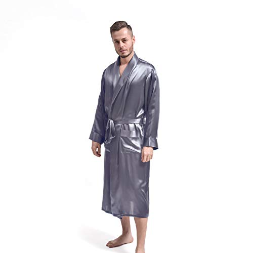 THXSILK Seide Bademantel für Herren Hausmantel Morgenmantel Lang aus Seide 19 Momme (Rauchgrau, L/XL) von THXSILK