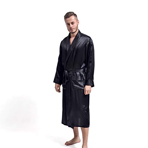 THXSILK Seide Bademantel für Herren Hausmantel Morgenmantel Lang aus Seide 19 Momme (Schwarz, XXXL) von THXSILK