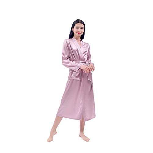 THXSILK Seide Morgenmantel 19 Momme Bademantel Robe Schlafanzug Damen Lang Seidenrobe (Dunkles Lotusrosa, L/XL) von THXSILK