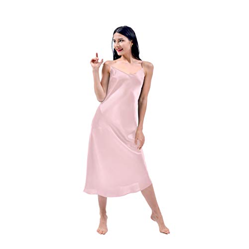 THXSILK Seide Nachthemd 19 Momme Natürliche Maulbeerseide Nachtkleid Damen Lang Seidennachtwäsche (Bezauberndes Rosa, L) von THXSILK