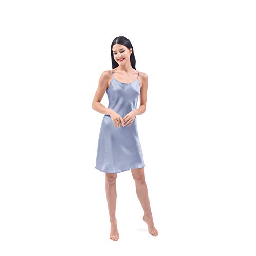 THXSILK Seide Nachtkleid für Damen Mini Nachthemd Kurz Nachtwäsche 19 Momme Seide Nighty Knielänge (Nebeliges Blau, L) von THXSILK