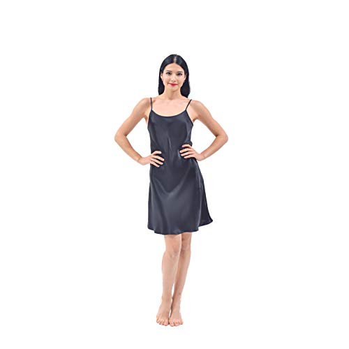 THXSILK Seide Nachtkleid für Damen Mini Nachthemd Kurz Nachtwäsche 19 Momme Seide Nighty Knielänge (Schwarz, M) von THXSILK