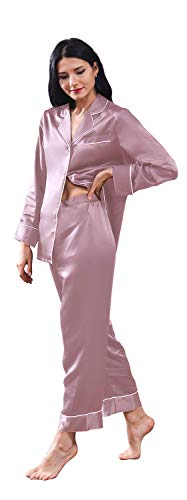 THXSILK Seide Pyjama Set Damen Schlafanzug Lang aus 100% Seide 19 Momme V-Ausschnitt Zweiteiliges Nachtwäsche Langarm (Dunkles Lotusrosa, L) von THXSILK