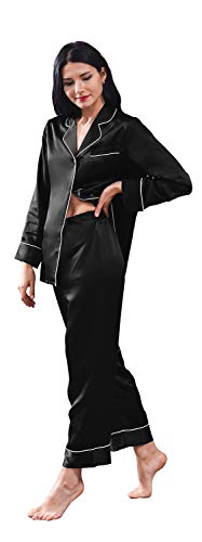 THXSILK Seide Pyjama Set Damen Schlafanzug Lang aus 100% Seide 19 Momme V-Ausschnitt Zweiteiliges Nachtwäsche Langarm (Schwarz, XL) von THXSILK