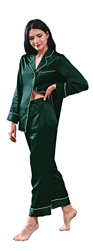 THXSILK Seide Pyjama Set Damen Schlafanzug Lang aus 100% Seide 19 Momme V-Ausschnitt Zweiteiliges Nachtwäsche Langarm (Smaragdgrün, L) von THXSILK