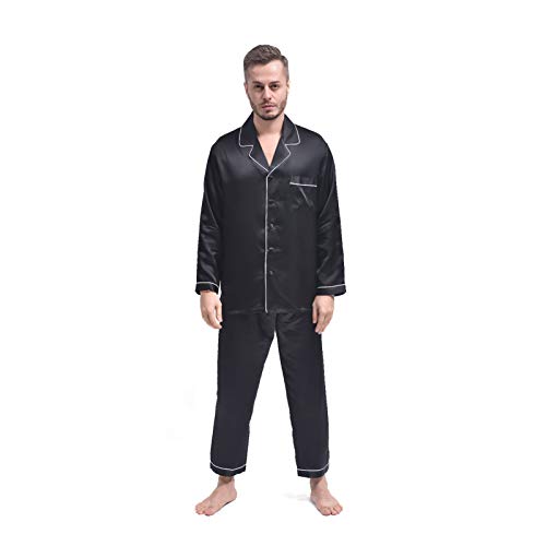 THXSILK Seide Pyjama Sets Herren 19 Momme Maulbeerseide Schlafanzug Lang Zweiteiliges Nachtwäsche Langarm (Schwarz, L) von THXSILK