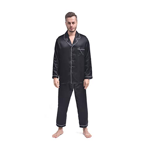 THXSILK Seide Pyjama Sets Herren 19 Momme Maulbeerseide Schlafanzug Lang Zweiteiliges Nachtwäsche Langarm (Schwarz, XXXL) von THXSILK