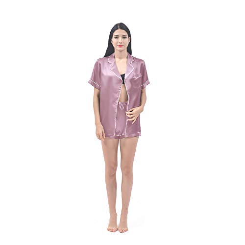 THXSILK Seide Schlafanzug Damen aus 19 Momme Maulbeerseide Nachtwäsche Kurz mit Ärmel Kurze Hosen Zweiteiliges Pyjama Sets Knopf runter (Dunkles Lotusrosa, L) von THXSILK