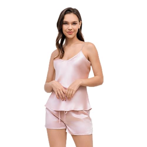 THXSILK Seidenpyjama für Damen Zweiteiliger, Shorts-Set aus natürlicher Maulbeerseide mit V-Ausschnitt, Bequeme und lässige Urlaubskleidung (Bezauberndes Rosa, L) von THXSILK