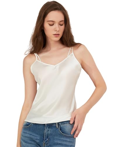 THXSILK Weste aus reiner Maulbeerseide, lässiger V-Ausschnitt, Maulbeerseide Tank-Top, lässiger V-Ausschnitt, ärmelloses Tanktop Basic Camisole, Perlweiß (Pearl White), X-Groß von THXSILK