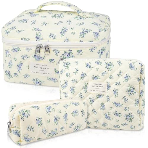 TIAASTAP Blumenmuster Kosmetiktasche Set Damen 3er Set –Kulturtasche, Makeup Bag & Waschtasche aus Stoff | Asthetic Schminktasche Beauty Case Set für Reise & Alltag von TIAASTAP