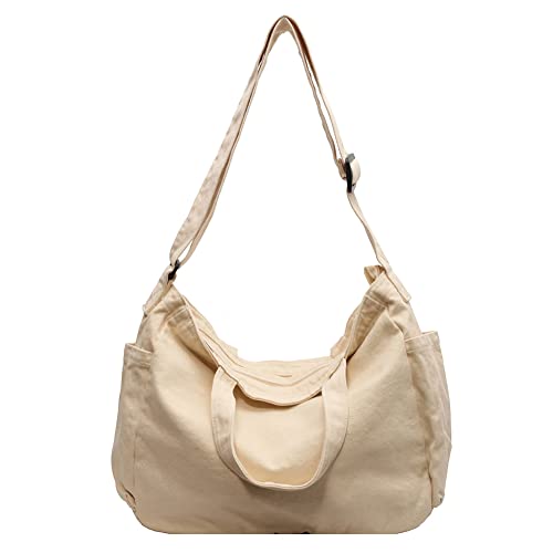 TIAASTAP Groß Canvas Umhängetasche mit Reißverschluss, Vintage y2k Canvas Handtasche Shopper Damen Große Canvas Tote Bag Casual Crossbody Schultertasche für Damen und Herren, Beige von TIAASTAP