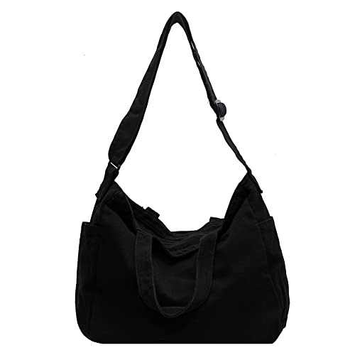 TIAASTAP Groß Canvas Umhängetasche mit Reißverschluss, Vintage y2k Canvas Handtasche Shopper Damen Große Canvas Tote Bag Casual Crossbody Schultertasche für Damen und Herren, Schwarz von TIAASTAP