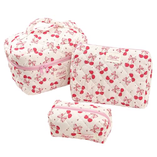 TIAASTAP Kosmetiktasche Set 3-teilig Damen Mädchen – Makeup Tasche Groß mit Blumen & Schleifen, Schminktasche Waschtasche & Kulturtasche (Clean Girl Aesthetic Stuff Must Haves) von TIAASTAP