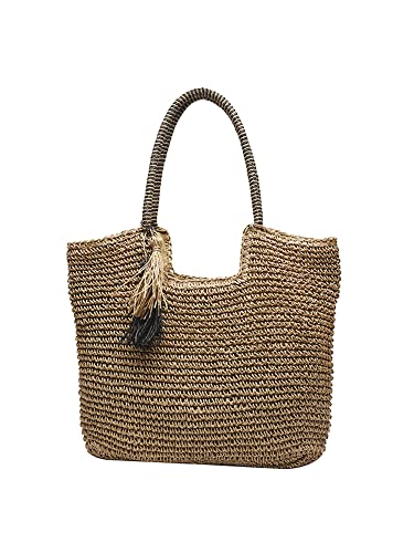 TIAASTAP Stroh Handtasche Damen, Sommer Strandtasche Stroh Groß mit Reißverschluss, Boho Bag Strohtasche Korbtasche Geflochten Basttaschen mit Quasten von TIAASTAP