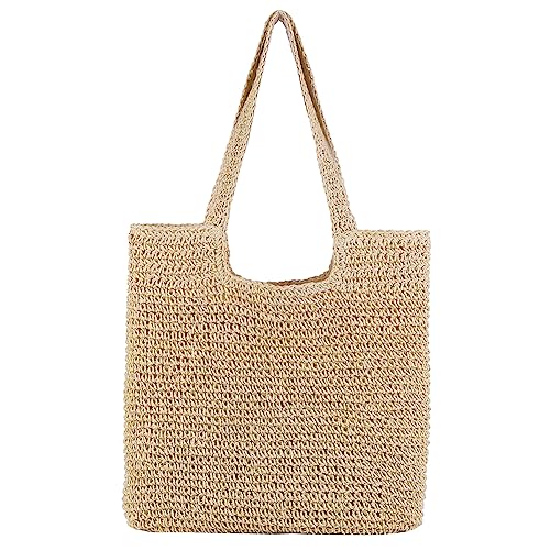 TIAASTAP Stroh Strandtasche für Damen, Summer Stroh Handtasche Schultertasche mit Reißverschluss, Strohtasche Geflochten Korbtasche Basttasche für Strand Reise Einkauf, Beige von TIAASTAP