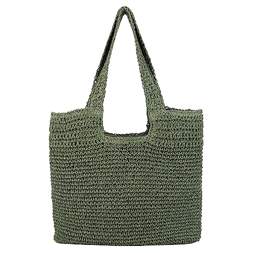 TIAASTAP Stroh Strandtasche für Damen, Summer Stroh Handtasche Schultertasche mit Reißverschluss, Strohtasche Geflochten Korbtasche Basttasche für Strand Reise Einkauf, Dunkelgrün von TIAASTAP