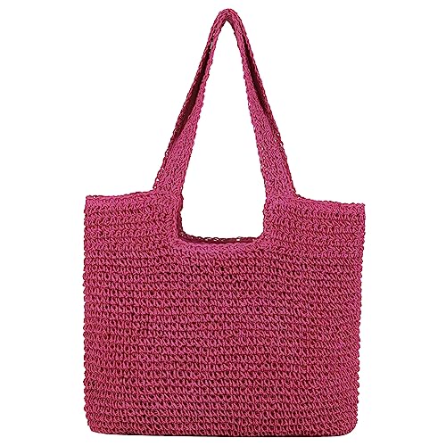 TIAASTAP Stroh Strandtasche für Damen, Summer Stroh Handtasche Schultertasche mit Reißverschluss, Strohtasche Geflochten Korbtasche Basttasche für Strand Reise Einkauf, Rosarot von TIAASTAP