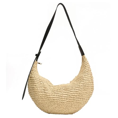 TIAASTAP Strohtasche Damen Stroh Umhängetasche, Sommer Basttasche Groß Gewebte Strandtasche Korbtasche Geflochtene Crossbody Bag Boho Tasche Half Moon Straw Bag Schultertasche von TIAASTAP