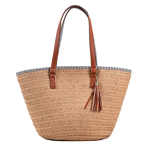 TIAASTAP Strohtaschen Damen, Sommer Strandtasche Stroh Groß Geflochten Korbtasche Stroh Handtasche Basttasche mit Reißverschluss und Leder Schultergurt für Strand Reise Einkauf, Braun von TIAASTAP