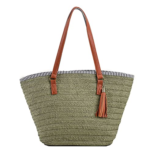 TIAASTAP Strohtaschen Damen, Sommer Strandtasche Stroh Groß Geflochten Korbtasche Stroh Handtasche Basttasche mit Reißverschluss und Leder Schultergurt für Strand Reise Einkauf, Grün von TIAASTAP