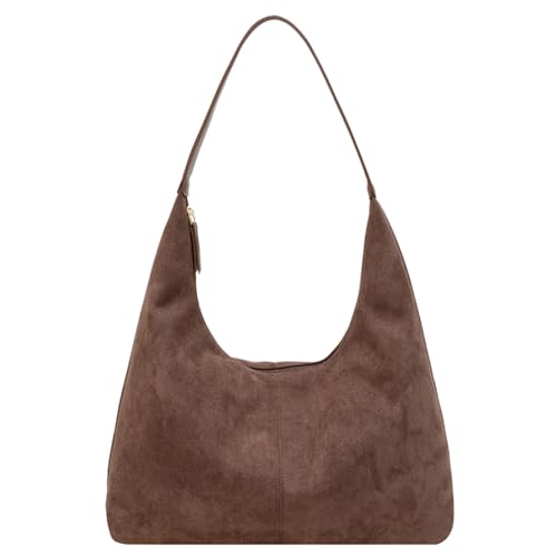 TIAASTAP Wildleder Handtasche Damen Shopper Uni Beuteltasche Tote Mit Reißverschluss Braun Suede Hobo Shoulder Tragetasche Slouchy von TIAASTAP