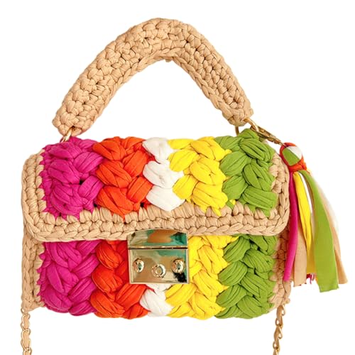 TIAASTAP klein Strohtasche Handtasche Bunt Strandtasche Stroh Bast Tasche Korbtaschen Geflochtene Umhängetasche Boho Gehäkelte Tasche Damen-Clutches Abendtasche Gewebte Crossbody Bag Straw Bag von TIAASTAP