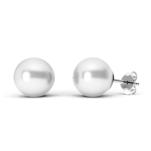 TIABELLE – Ohrstecker CRYSTAL PEARL aus Titan mit glänzenden Swarovski® Perlen – Silberfarbene Perlenohrringe für Damen – allergenfrei & hautverträglich – Handmade in Germany (8,0mm ø | White) von TIABELLE