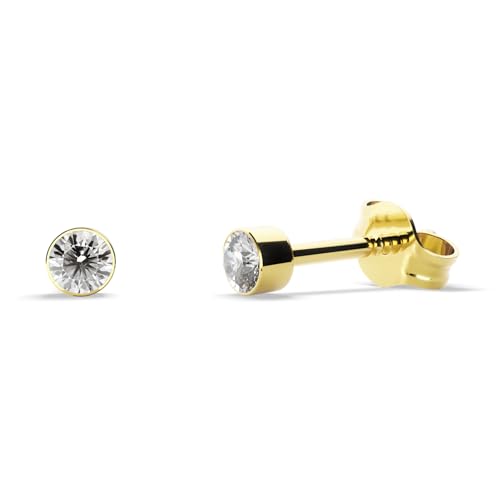 TIABELLE – Ohrstecker RISE aus Titan mit funkelnden Swarovski® Zirconias – Goldfarbene Ohrringe für Damen – allergenfrei & hautverträglich – Handmade in Germany (MINI | 2,8mm ø | Gold White) von TIABELLE