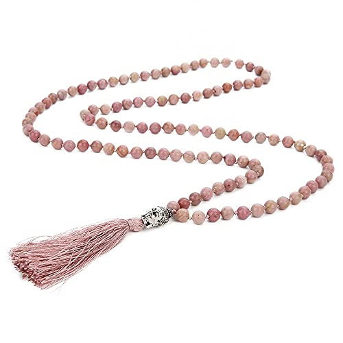 TIANHEY 108 Mala Rhodolit-Perlen, handgeknüpfter Buddha-Kopf-Anhänger, lange Quaste, Meditation, Segen, Yoga, Amulett, Glücksschmuck, Halskette von TIANHEY