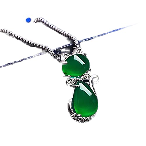 TIANHEY Grüne Jade Chalcedon Katze Achat Anhänger 925 Silber Halskette chinesische geschnitzte Mode Charme Schmuck Amulett für Frauen Geschenke von TIANHEY