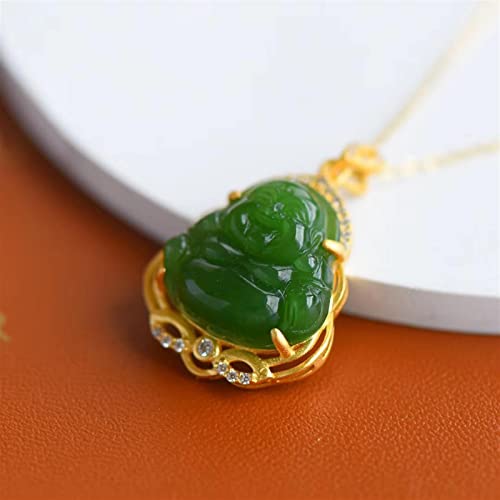 TIANHEY Natürliche Hetian Jade Grüne Jade Kleine Maitreya Lächelnder Buddha Anhänger S925 Sterling Silber Halskette Für von TIANHEY