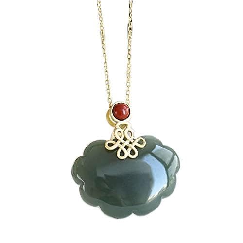 TIANHEY S925 Sterling Silber vergoldet mit Jade, natürliche graue Jade, Vintage-Stil, chinesischer Knoten, langes Leben, Schloss der guten Wünsche von TIANHEY